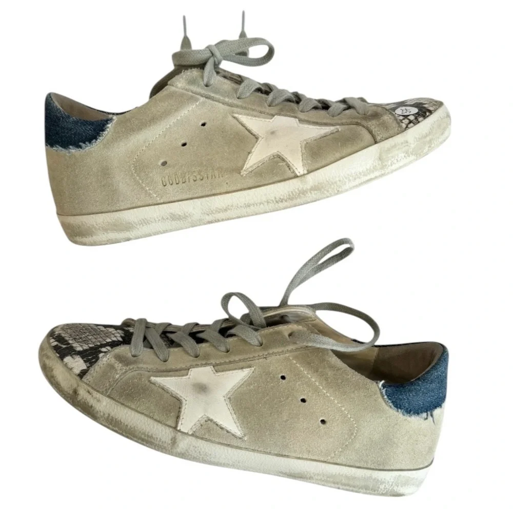 Golden Goose Superstar Suede Denim Heel Cap Snake Toe Low-Top Sneakers - Picture 1 of 5